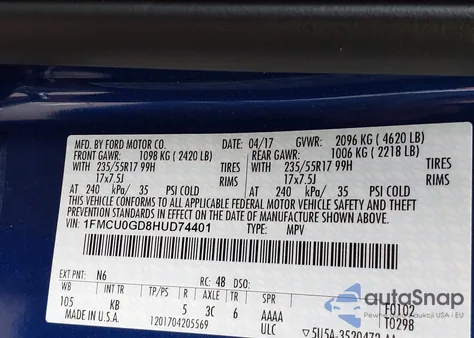 2017 Ford Escape Se z USA, uszkodzony, nr VIN 1FMCU0GD8HUD74401